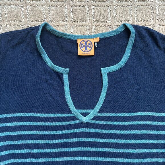 Tory Burch Wool Cashmere Sweater Women's L Striped Knit Tunic Navy Blue Preppy - Picture 3 of 10
